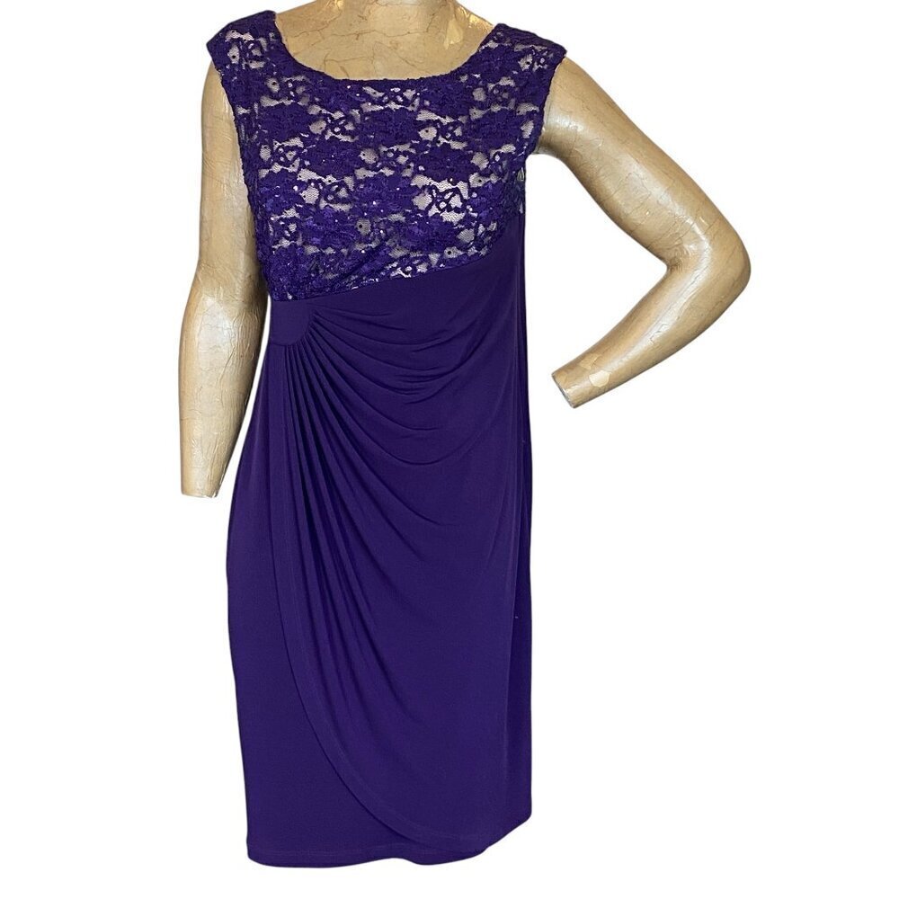 Connected Apparel Lace Sequin Formal Cocktail Dress Sz 14P Purple‎ #349B